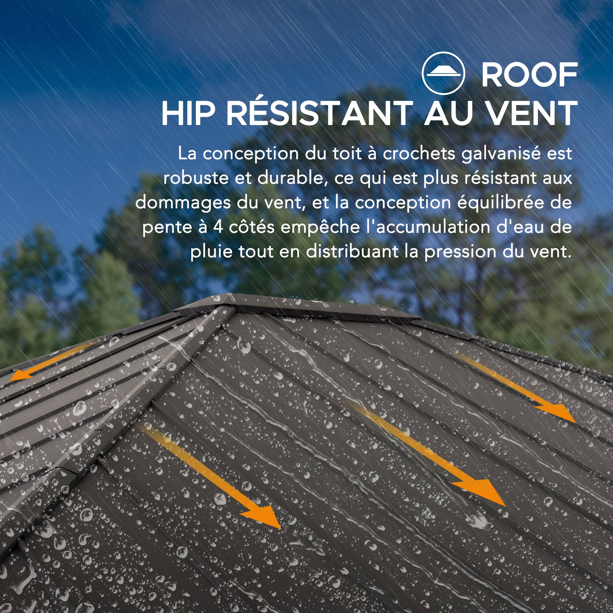 ROOF HIP RÉSISTANT AU VENT

La conception du toit à crochets galvanisés est robuste et durable, ce qui est plus résistant aux dommages du vent, et la conception équilibrée de pente à 4 côtés empêche l'accumulation d'eau de pluie tout en distribuant la pression du vent.