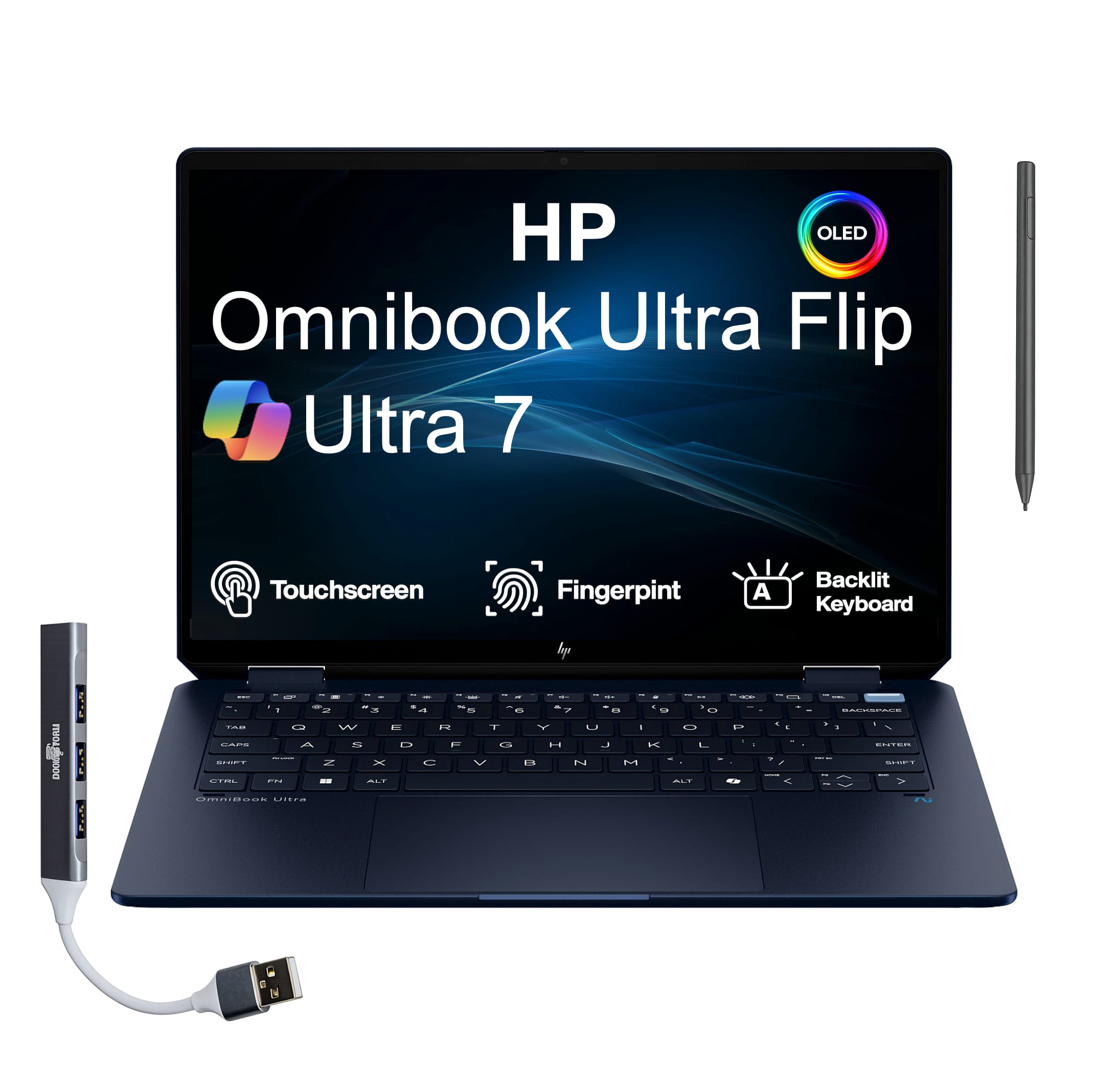 HP - Omnibook Ultra Flip 2-in-1 Laptop 14.0 2.8K Display (Ultra 7-258V, 32GB, 1TB SSD, Win 11 Pro) w/USB Hub - Atmospheric Blue