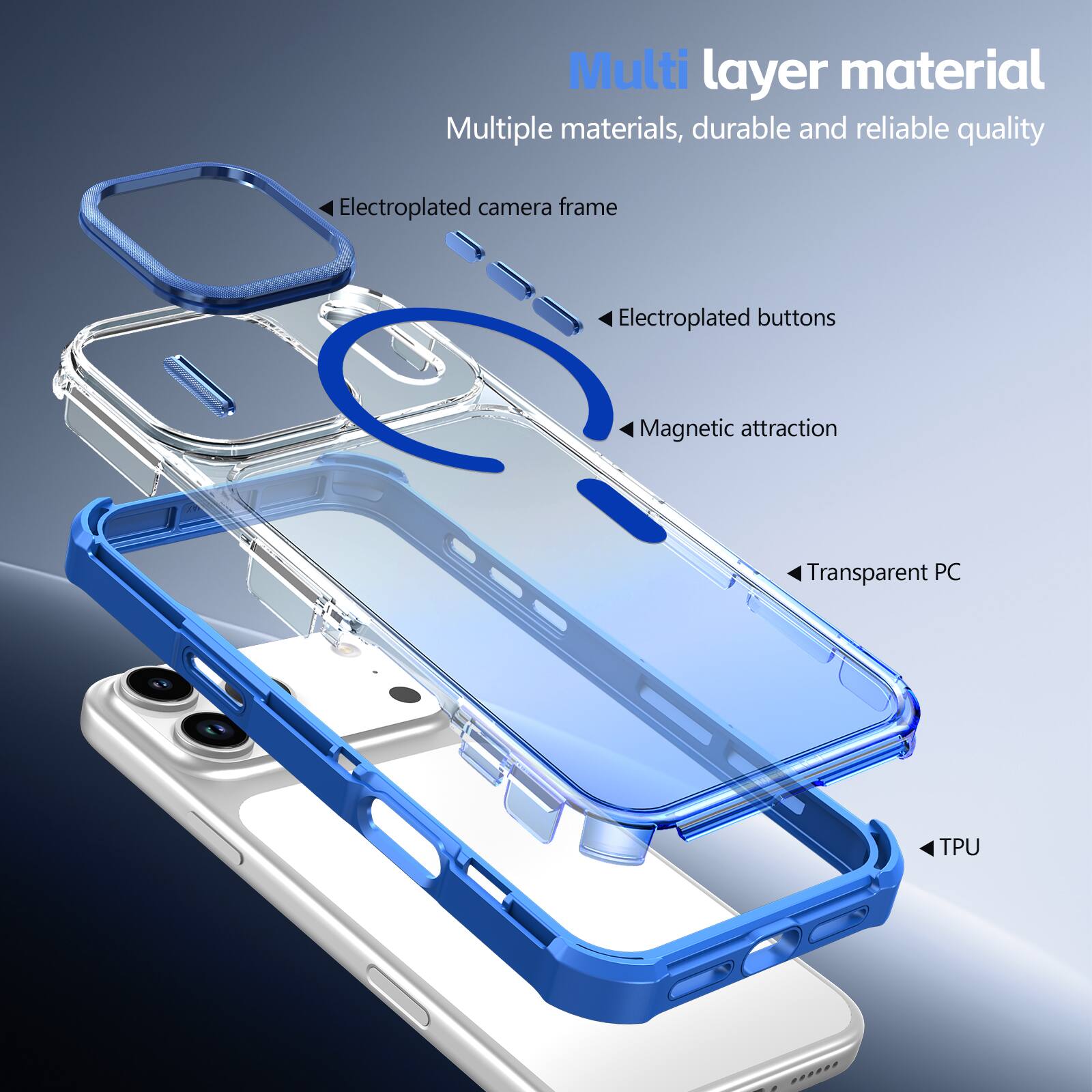 Multi layer material  
Multiple materials, durable and reliable quality  
Electroplated camera frame  
Electroplated buttons  
Magnetic attraction  
Transparent PC  
TPU