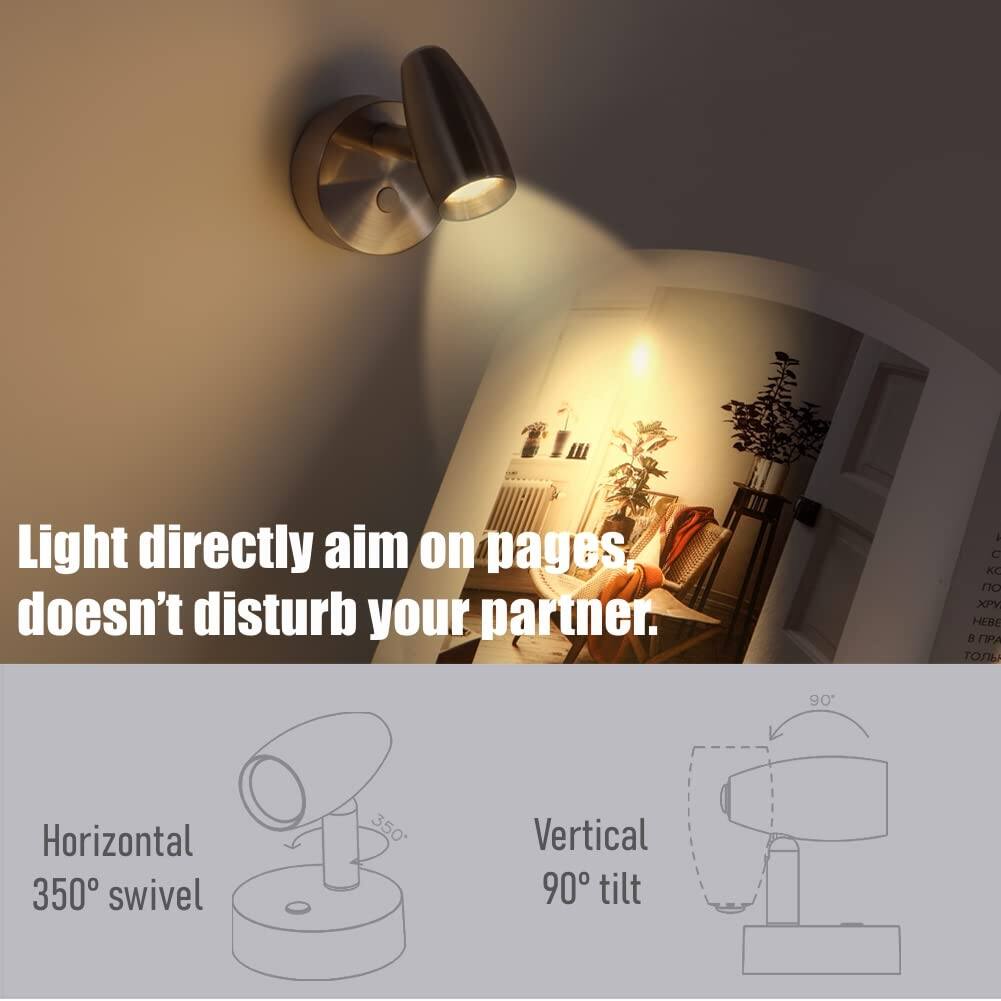 Light directly aims on pages, doesn't disturb your partner.

Horizontal 350° swivel

Vertical 90° tilt
