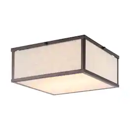 Jonathan Y - Grant 14.13" 2-Light Minimalist Industrial Square Linen Iron LED Flush Mount, Oil Rubbed Bronze/Beige - Oil-Rubbed Bronze