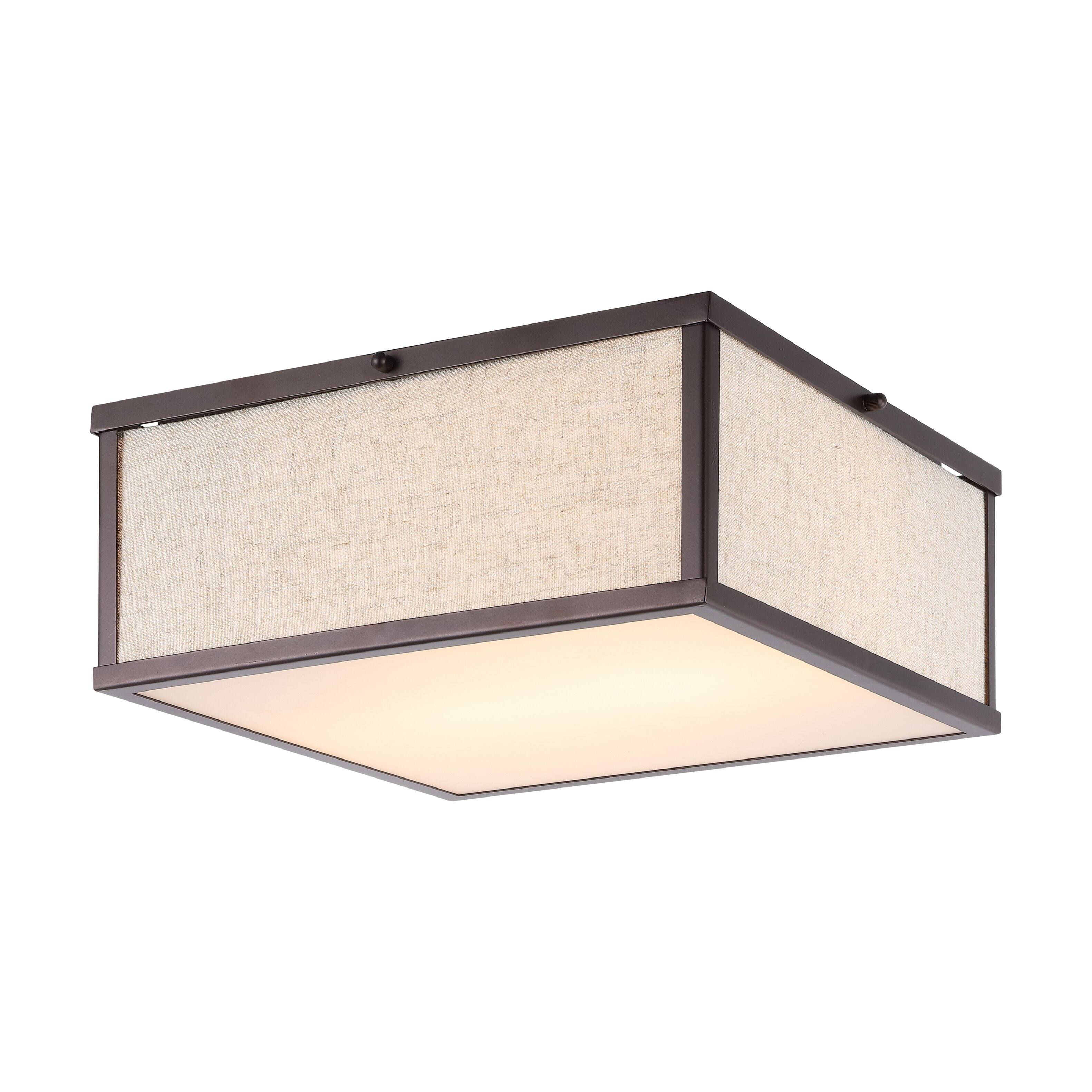Front. Jonathan Y - Grant 14.13" 2-Light Minimalist Industrial Square Linen Iron LED Flush Mount, Oil Rubbed Bronze/Beige - Oil Rubbed Bronze.