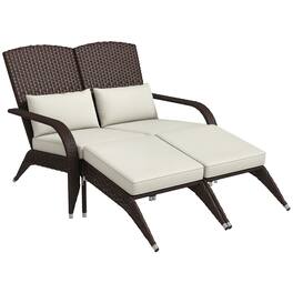 Outsunny - Wicker Adirondack Chair for 2 with Cushions & Footrests, PE Rattan Double Chaise Lounge Chair - Cream White