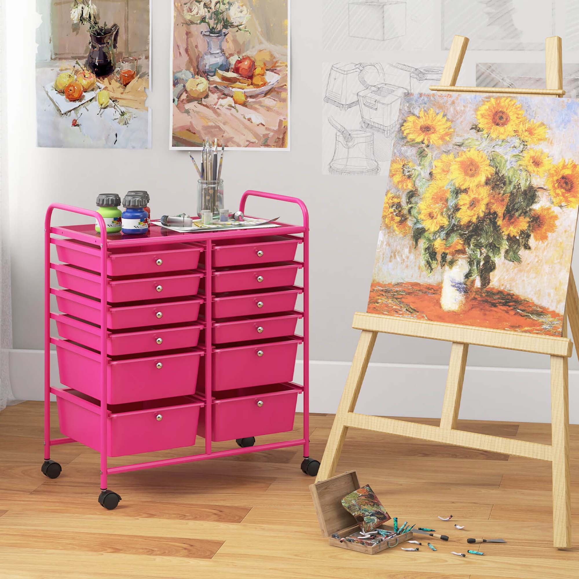 Alt View 3. Costway - Costway 12-Drawer Rolling Storage Cart with 2 Sizes Plastic Drawers - Hot Pink.