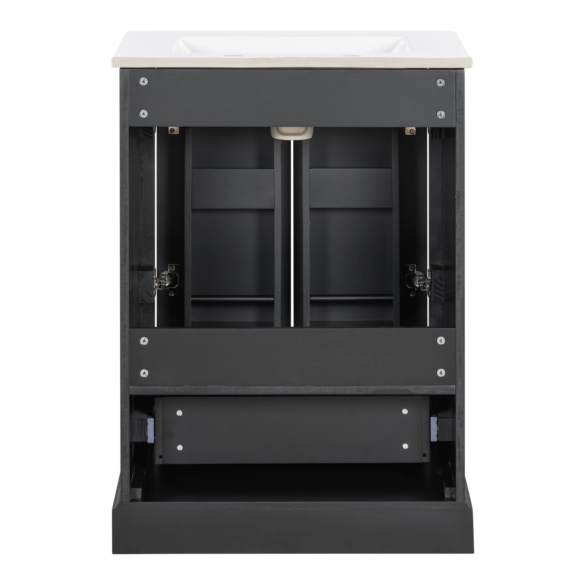 Back. Boyel Living - 24 Inch Black Bathroom Vanity with Ceramic Sink, Divider Drawer 2 Soft Close Doors with Dual Door Storage Racks - Black.