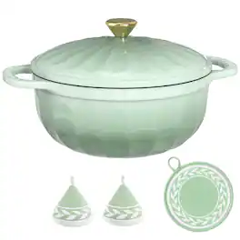 Winado - 5 QT Enameled Cast Iron Dutch Oven with Gradient Petal Texture,Heat-Resistant Gloves, Pot Mat for Bread Baking, Roasting - Green