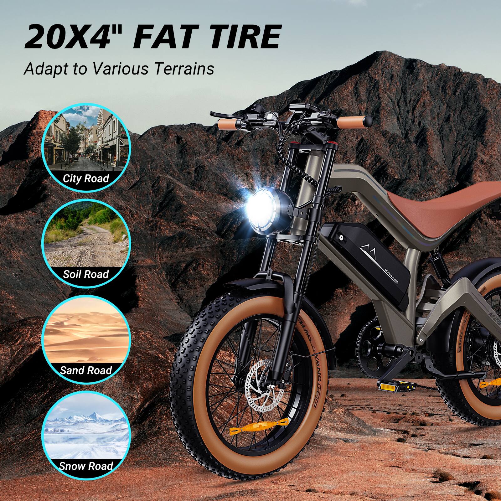 20X4" FAT TIRE  
Adapt to Various Terrains  
City Road  
Soil Road  
Sand Road  
Snow Road