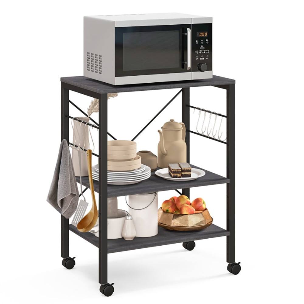 Left. Kadyn - 3-Tier Kitchen Baker's Rack Microwave Oven Storage Cart with Hooks-Charcoal Brown, Storage Rack Microwave Oven Stand - Brown.
