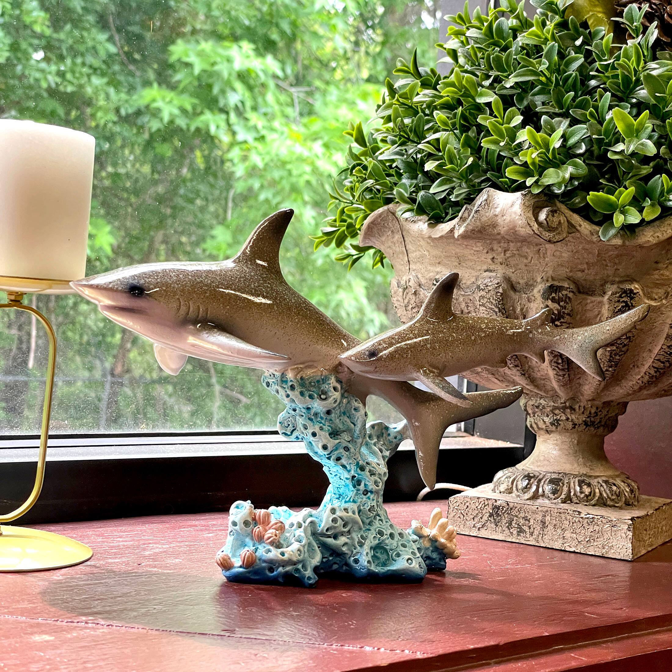 Alt View 4. Things2Die4 - Double Sharks on Coral Statue 10" Hand-Painted Ocean Marine Decor - Multicolored.