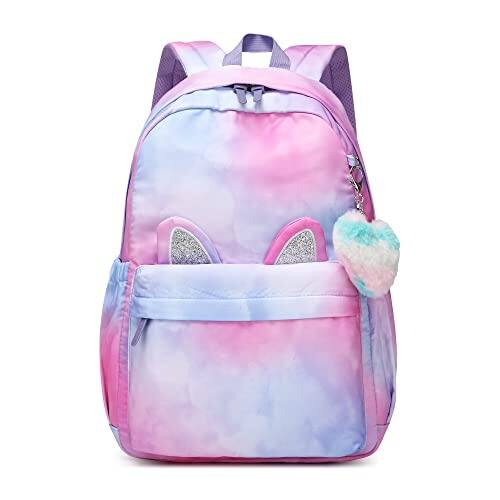 Cozy Serene - Backpack Light Waterproof Large Space School Suitable For Over 6 Years Old Lightweight Travel Cat Ear Heart - Purple