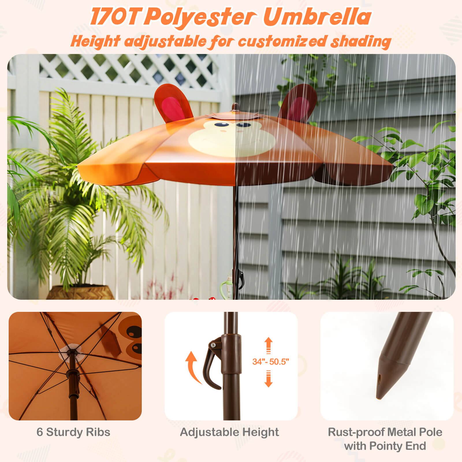 170T Polyester Umbrella  
Height adjustable for customized shading  

6 Sturdy Ribs  
Adjustable Height (34" - 50.5")  
Rust-proof Metal Pole with Pointy End