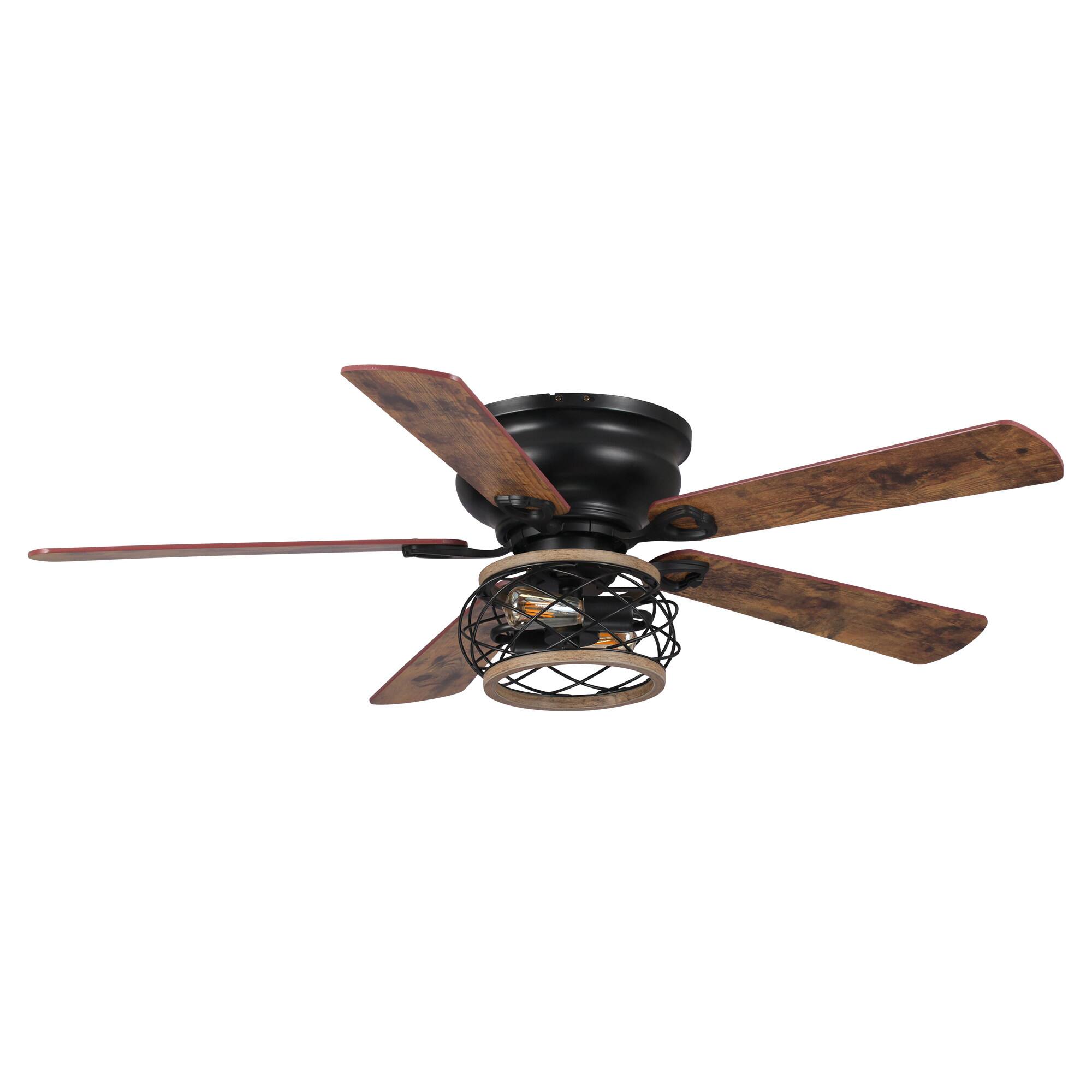 Alt View 10. Parrot Uncle - 48" Vintage Wooden 5-Blade Black Flush Mount Cgaed Ceiling Fan with Remote - Black.