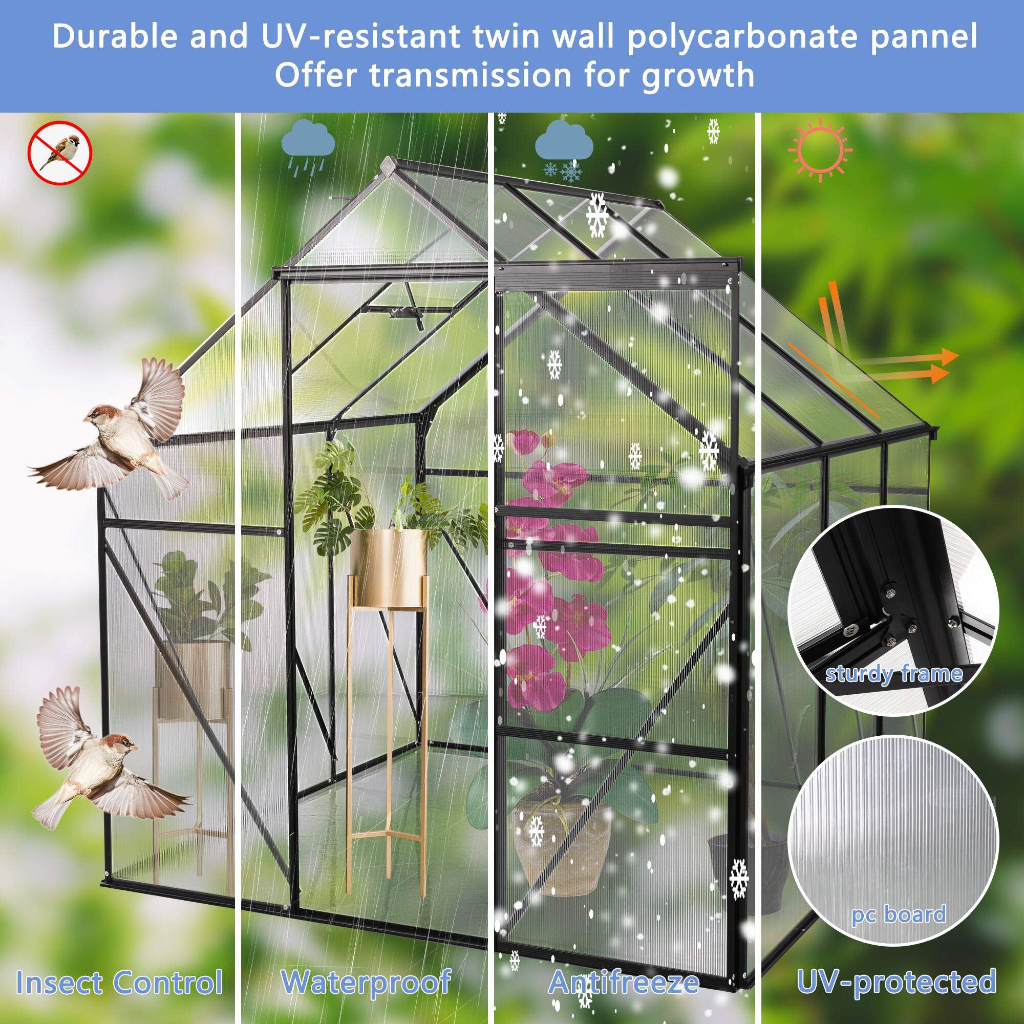 Durable and UV-resistant twin wall polycarbonate panel  
Offer transmission for growth  

- Insect Control  
- Waterproof  
- Antifreeze  
- UV-protected  

sturdy frame  
pc board