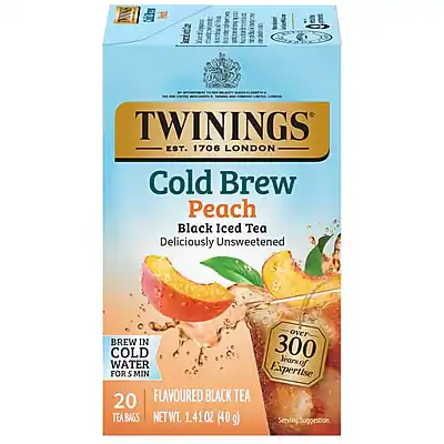 TWININGS
EST. 1706 LONDON
Cold Brew Peach
Black Iced Tea
Deliciously Unsweetened
BREW IN COLD WATER FOR 300 SECONDS
20 FLAVOURED BLACK TEA BAGS
NET WT. 1.41 OZ (40g)
Expertise
Years of Tea Expertise
Serving Suggestion
