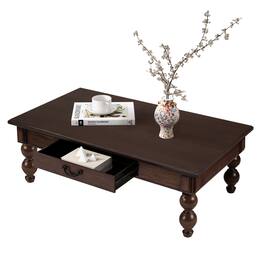 GOODSILO - Vintage Rectangular Coffee Table with Storage Drawer and Solid Wood Gourd-Shaped Legs for Living Room - Espresso