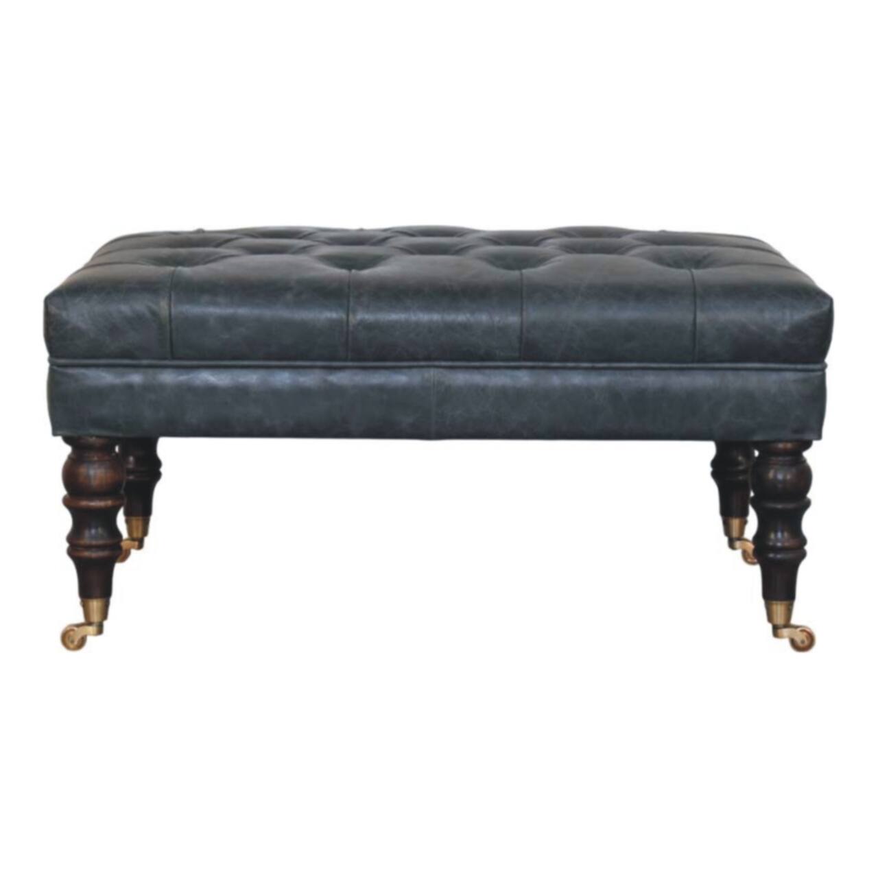 Artisan Furniture - Solid Wood Buffalo Teal Leather Ottoman with Castor Legs, Upholstered, Color - Black