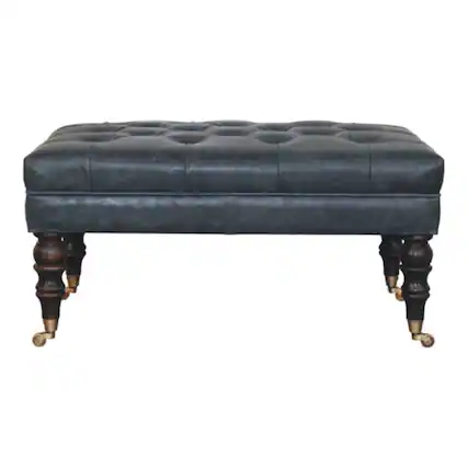 Front. Artisan Furniture - Artisan Furniture Solid Wood Buffalo Teal Leather Ottoman with Castor Legs, Upholstered, Black Color - Black.