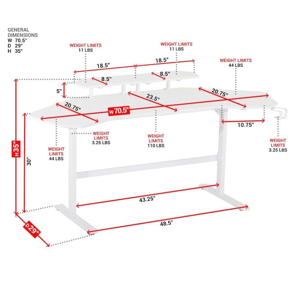 GENERAL DIMENSIONS  
W 70.5"  
D 29"  
H 35"  

WEIGHT LIMITS  
11 LBS  
18.5"  
8.5"  
5"  
20.75"  
W 70.5"  
WEIGHT LIMITS 3.25 LBS  
35"  
WEIGHT LIMITS 44 LBS  
30"  
WEIGHT LIMITS 11 LBS  
18.5"  
8.5"  
23.5"  
WEIGHT LIMITS 110 LBS  
WEIGHT LIMITS 44 LBS  
20.75"  
10.75"  
WEIGHT LIMITS 3.25 LBS  
43.25"  
D29"  
48.5"
