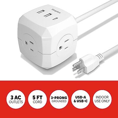 Staples 3 AC Outlets 5 FT Cord 3-Prong Grounded USB-A & USB-C Indoor Use Only