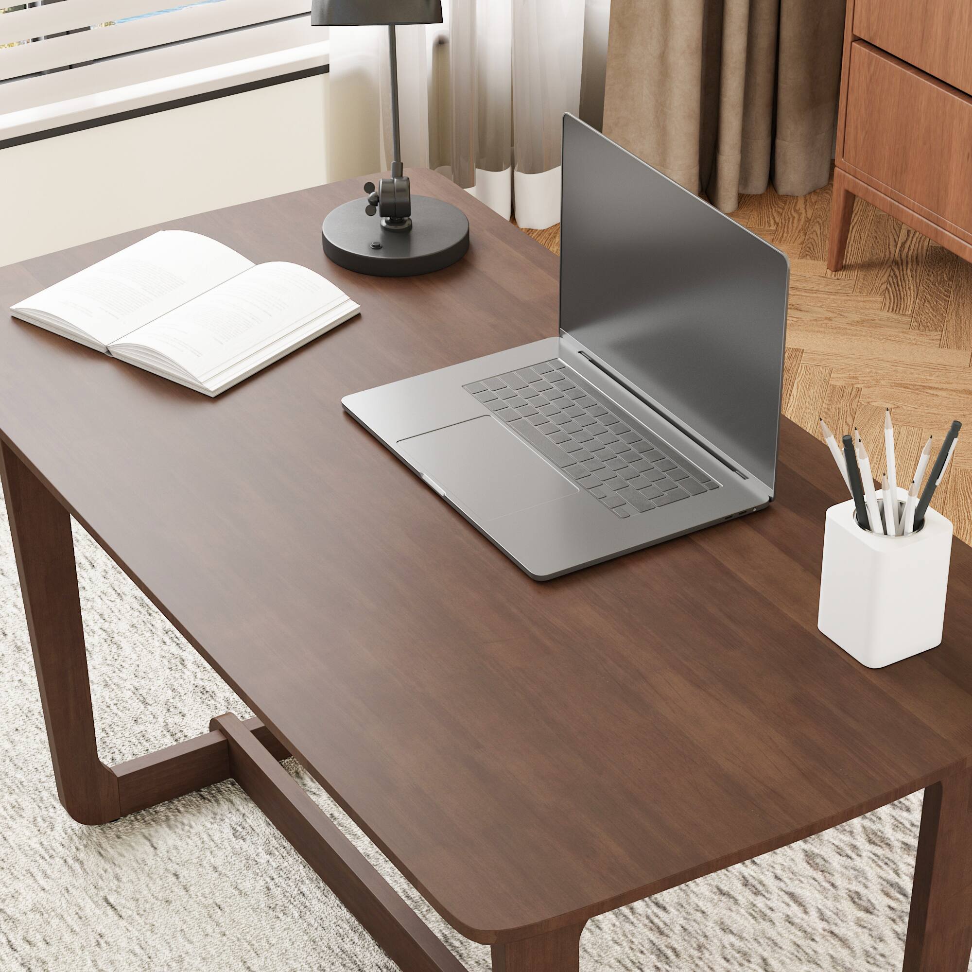 Famapy - Solid Wood Writing Desk, Rubberwood Computer Desk with Wide Desktop and Safe Round Corners, Study Table for Home Office - Brown - Thumbnail 5