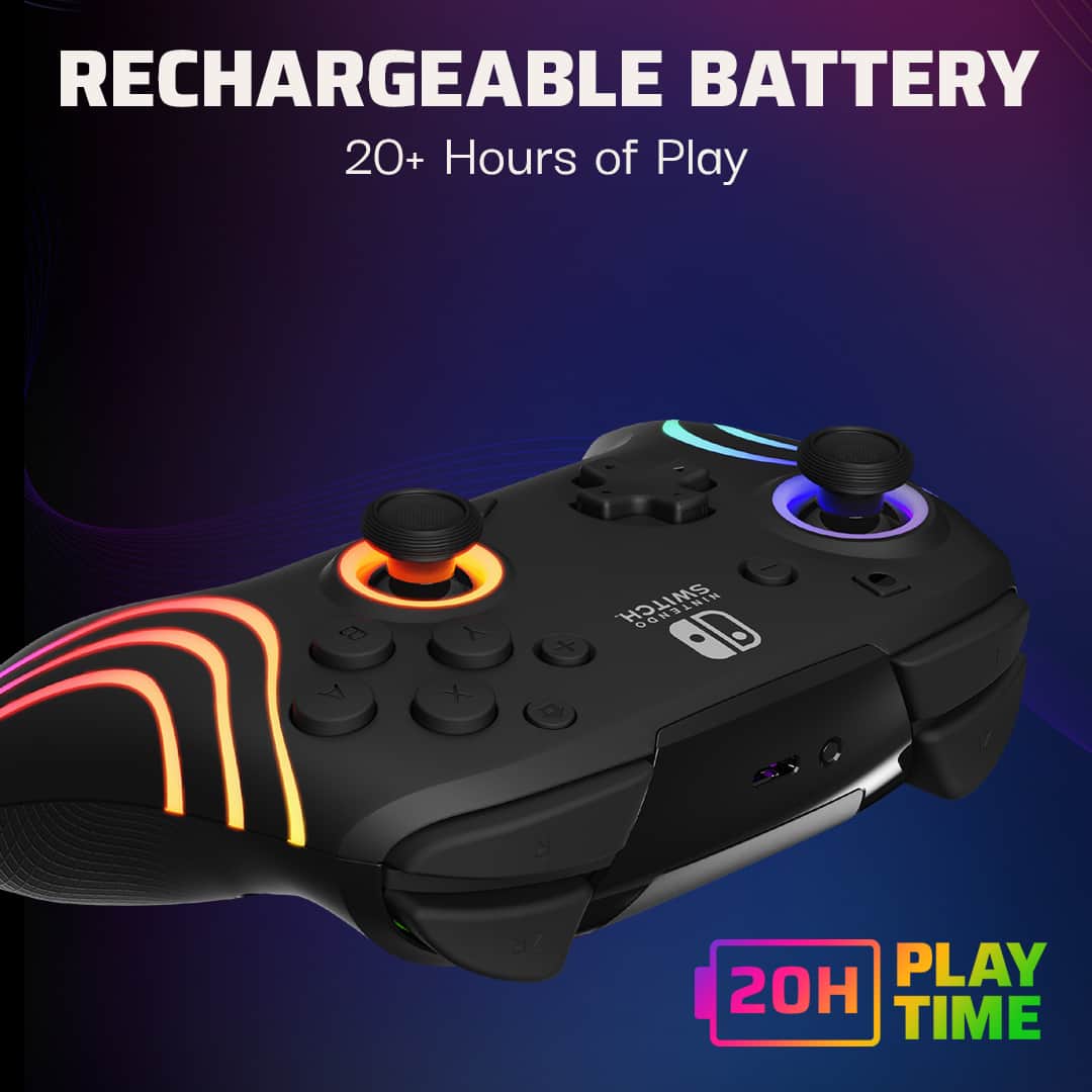 RECHARGEABLE BATTERY 20+ HOURS OF PLAY B A X SWITCH TENDO + D D 17 a ZR PLAY 20H TIME