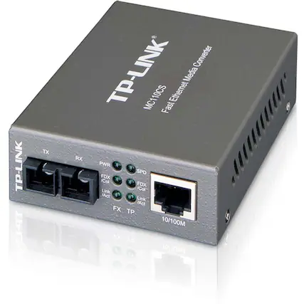 TP-LINK MC110CS Fast Ethernet Media Converter
TP-LINK
TX RX PWR SPD FDX Col FDX Link Col Act Link /Act FX TP 10/100M EX 1 1VC 7 te 10/100M Vo kO to