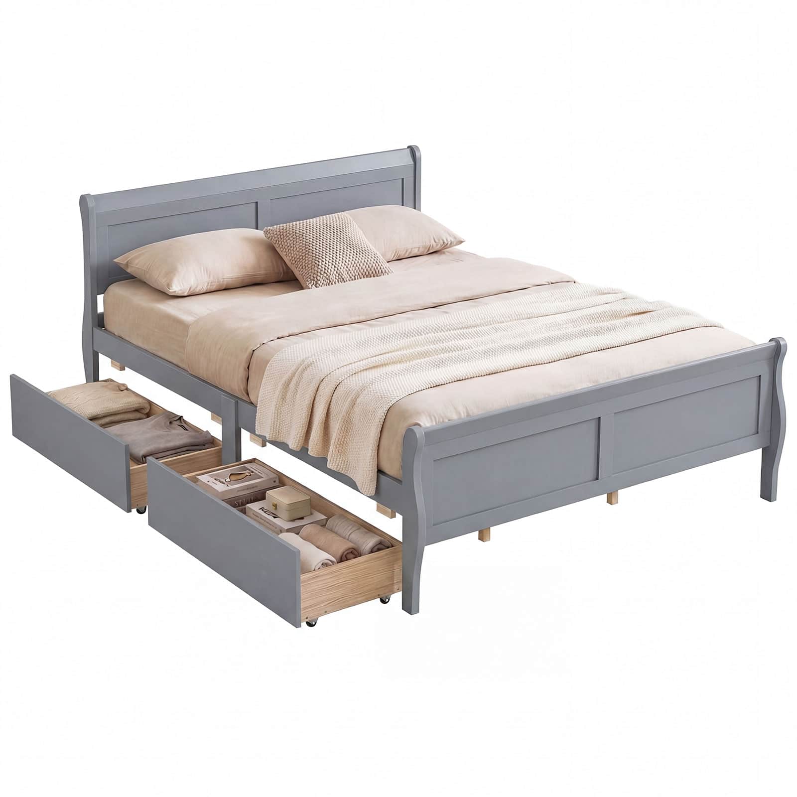 Costway - Queen Size Bed Frame with Storage Drawers, Wood Platform Bed with Headboard Footboard - Gray