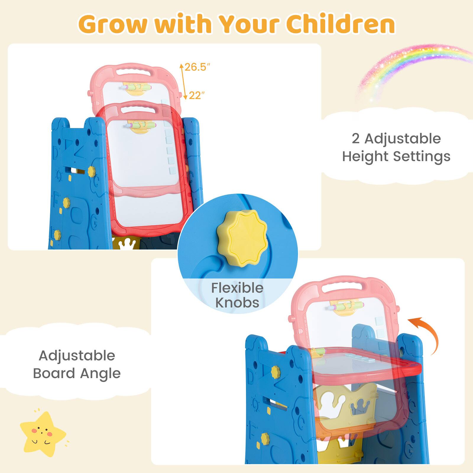 Grow with Your Children

26.5" 22" 2 Adjustable Height Settings

Flexible Knobs

Adjustable Board Angle