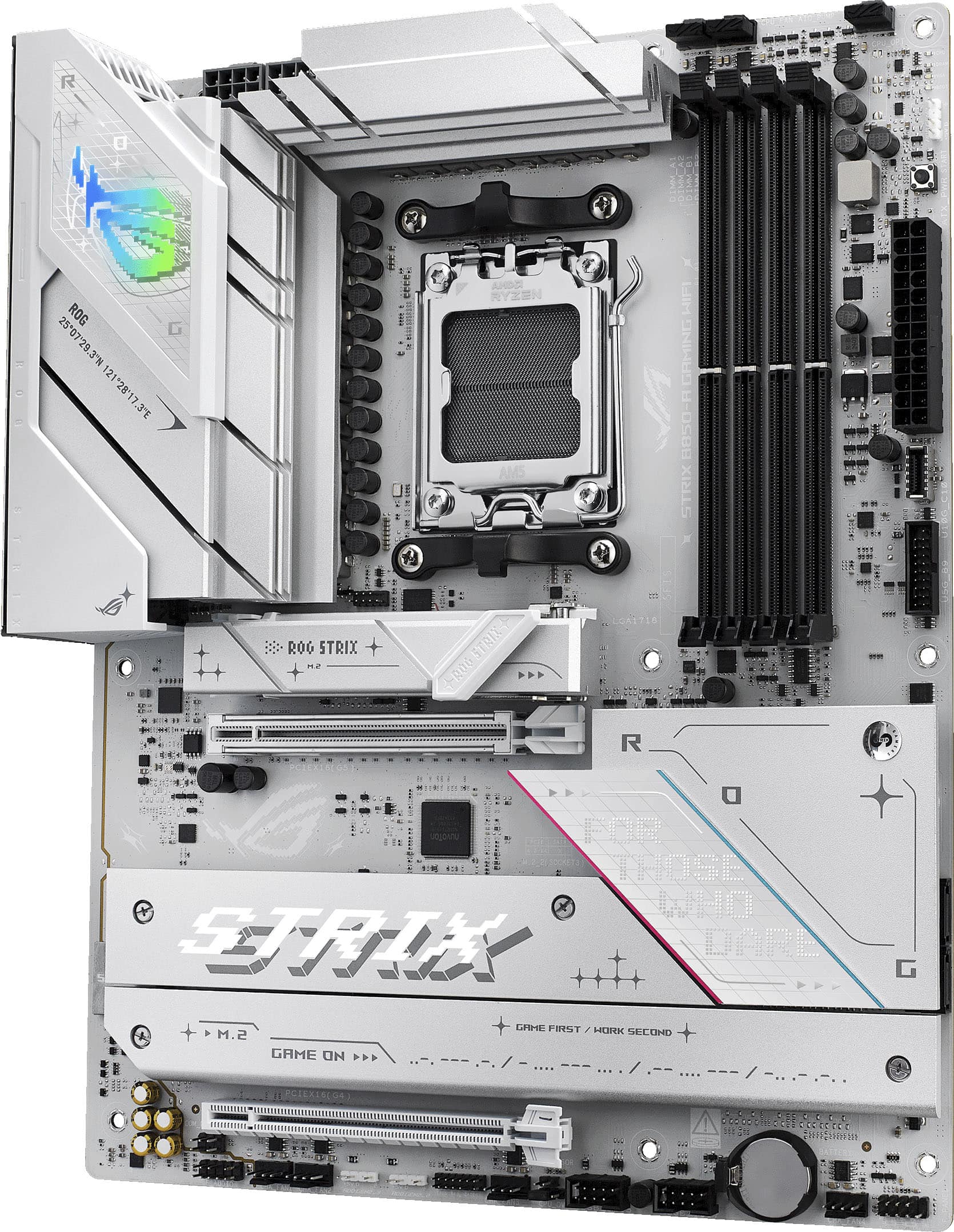 The text on the image reads: "R JJS: a DIMM_AS DIMM_A MPLO ROG STRIX ne + e I c i - a AHDS RYZEN AMS STRIX 4800 J El LIM GAMINE 8850- STRIX 11 R T R . JoJonnu THOSE WHO STRIKE DARE G A M.2 GAME ON 44 GRME FIRST HUNK SECOND E."