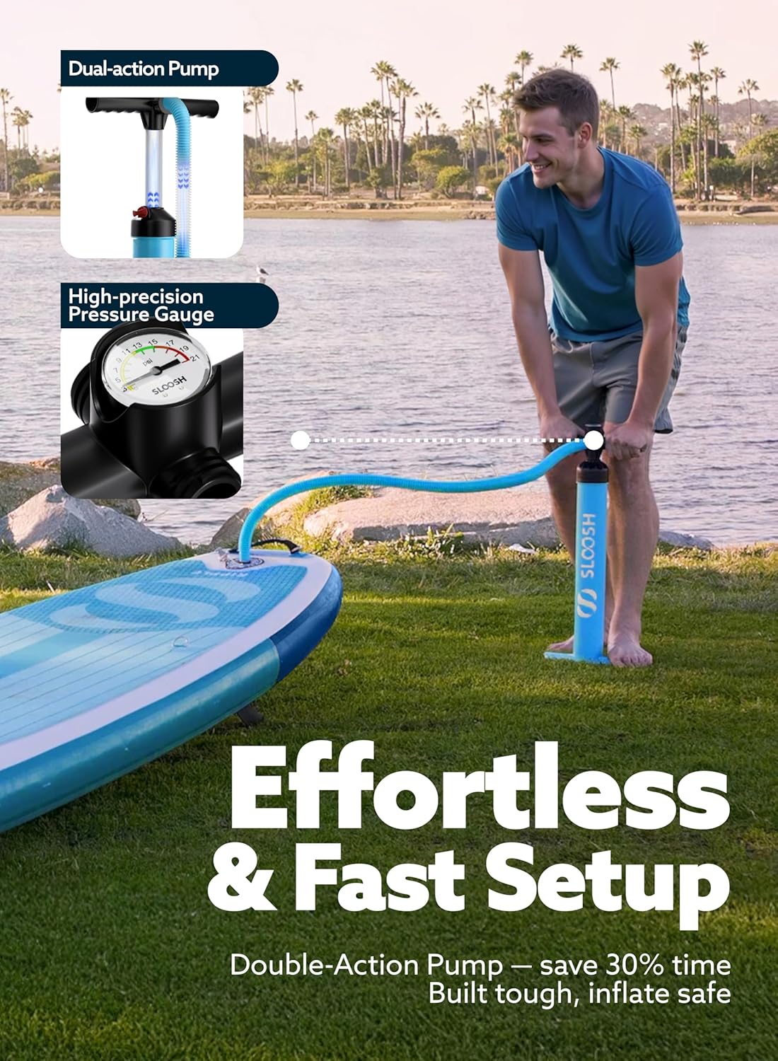 Dual-action Pump  
High-precision Pressure Gauge  

Effortless & Fast Setup  
Double-Action Pump – save 30% time  
Built tough, inflate safe