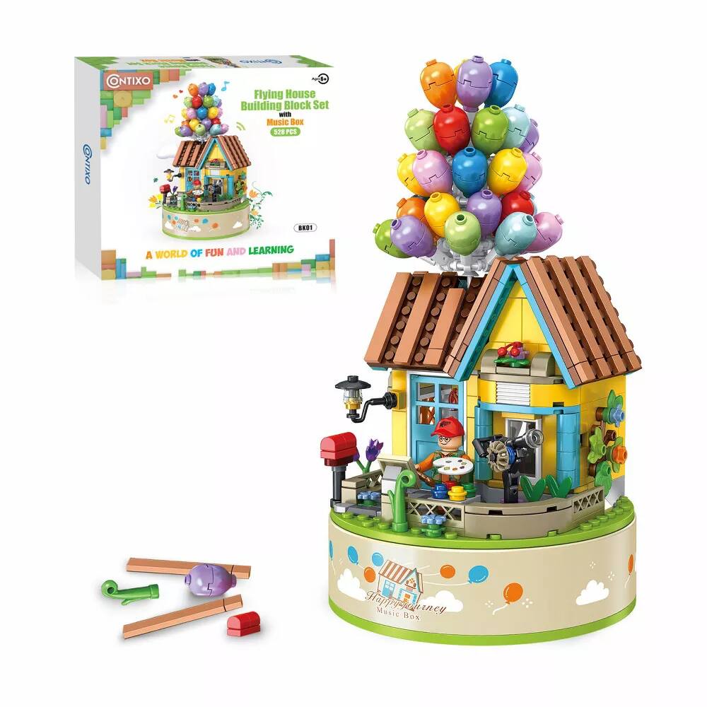 Sure, here is the corrected and grouped text from the image:

---

**ONTIXO**

**Flying House Building Block Set with Music Box**

**528 PCS**

**A WORLD OF FUN AND LEARNING**

**Happy Painting Music Box**

**BK01**

---

**Happy Painting Music Box**
