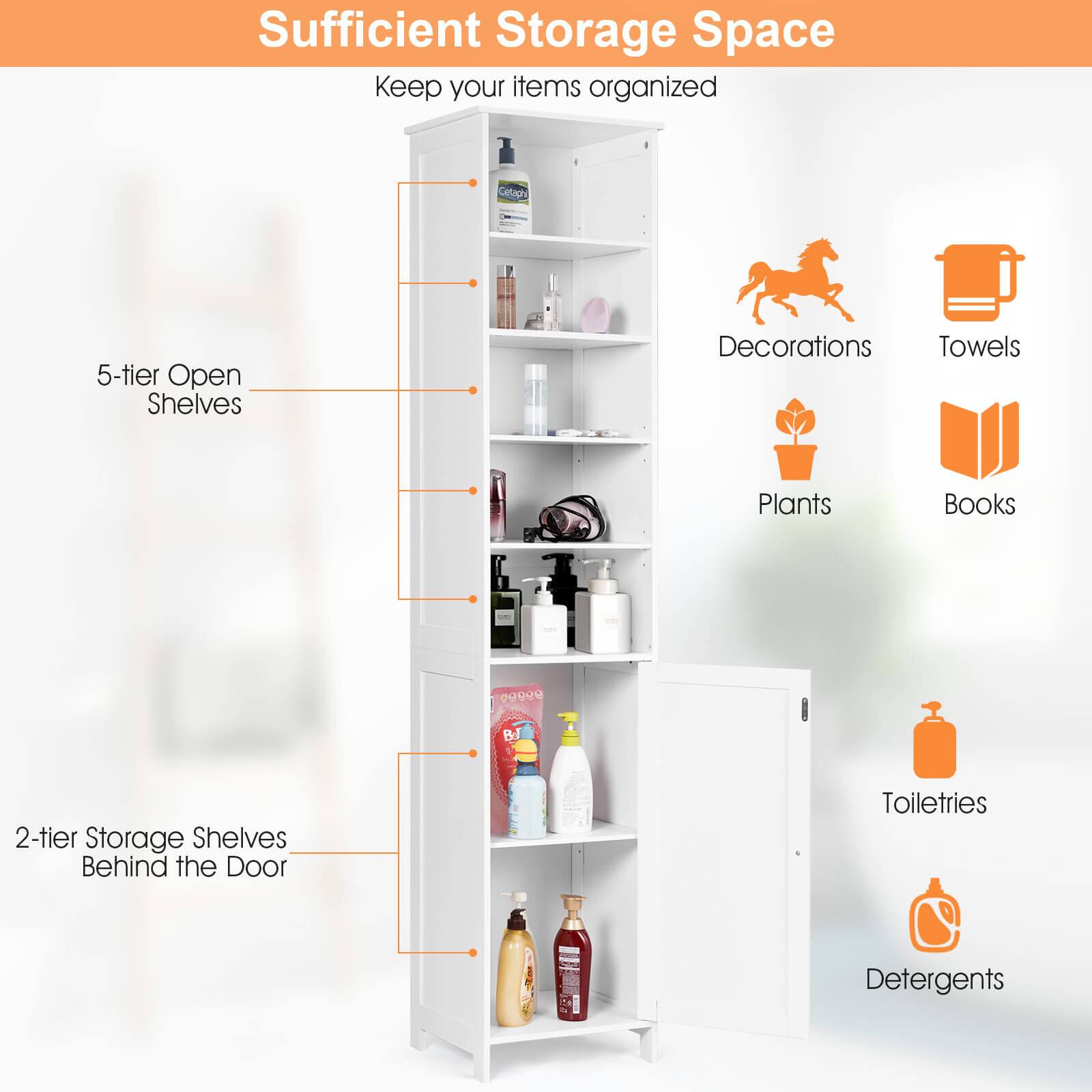Sufficient Storage Space, Keep your items organized, 5-tier Open Shelves, Decorations, Towels, Plants, Books, 2-tier Storage Shelves Behind the Door, Toiletries, Detergents