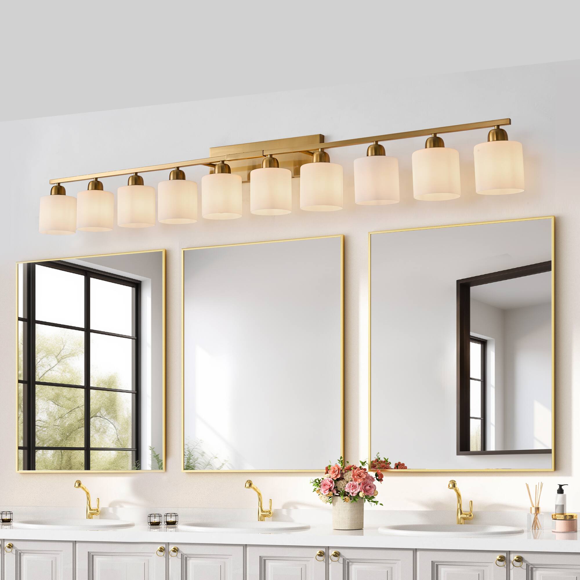 Angle. HOMLUX - 64.96 in. 10 Lights Gold LED Vanity Light Bar Vanity Accent Lighting Fixtures and Metal Wall Sconces with Crystal Shade.