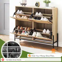 Acekool - Natural Rattan Shoe Cabinet with 4 Flip Drawers, Narrow Freestanding Organizer with Adjustable Shelf - Oak