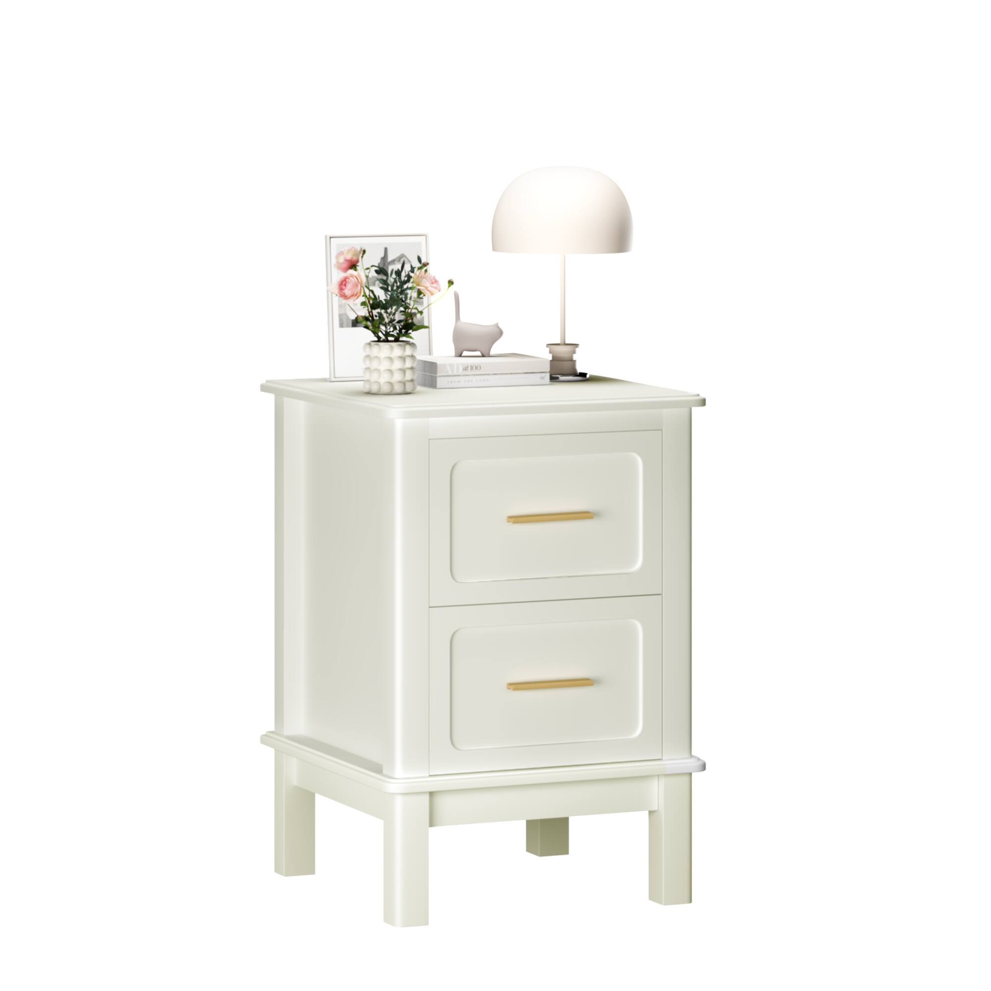 Alt View 5. Z-Edge - Modern Nightstand with 2 Drawers, Bedside Table with Gold Handles, Wood Accent Table for Bedroom, Living Room - Cream White.