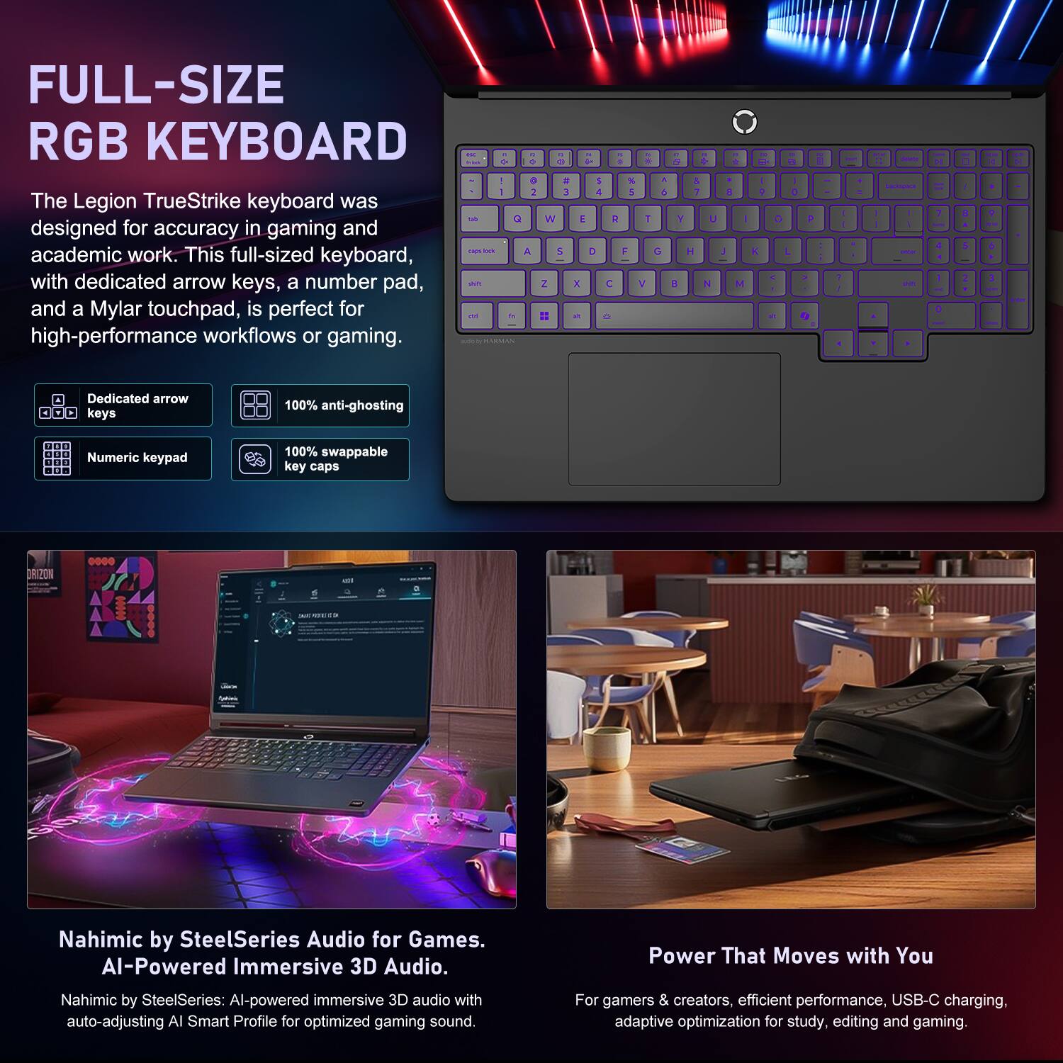 FULL-SIZE RGB KEYBOARD

The Legion TrueStrike keyboard was designed for accuracy in gaming and academic work. This full-sized keyboard, with dedicated arrow keys, a number pad, and a Mylar touchpad, is perfect for high-performance workflows or gaming.

- Dedicated arrow keys
- 100% anti-ghosting
- Numeric keypad
- 100% swappable key caps

Nahimic by SteelSeries Audio for Games. AI-Powered Immersive 3D Audio.

Nahimic by SteelSeries: AI-powered immersive 3D audio with auto-adjusting AI Smart Profile for optimized gaming sound.

Power That Moves with You

For gamers & creators, efficient performance, USB-C charging, adaptive optimization for study, editing and gaming.
