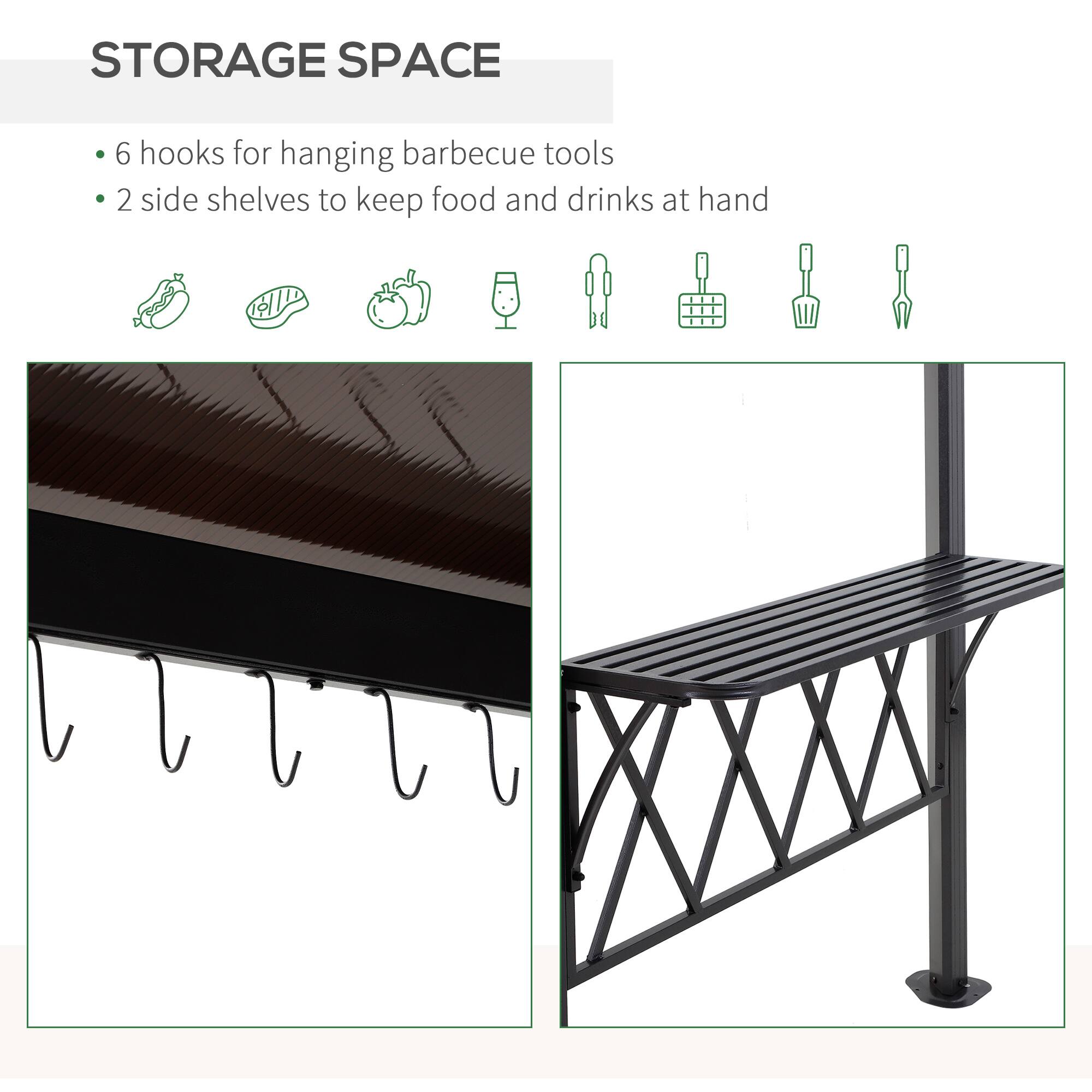 STORAGE SPACE

- 6 hooks for hanging barbecue tools
- 2 side shelves to keep food and drinks at hand