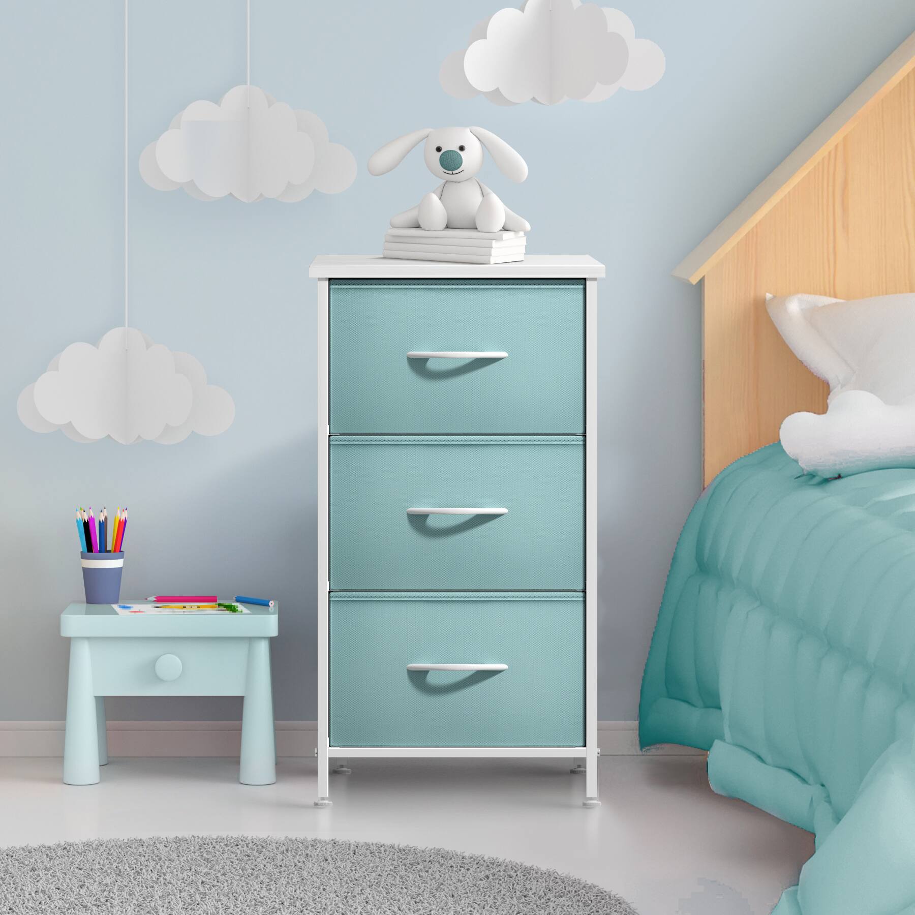 Angle. Sorbus - Sorbus Nightstand with 3 Drawers - Steel Frame, Wood Top &Fabric Bins -Home, Bedroom, Office & College Dorm - Aqua.