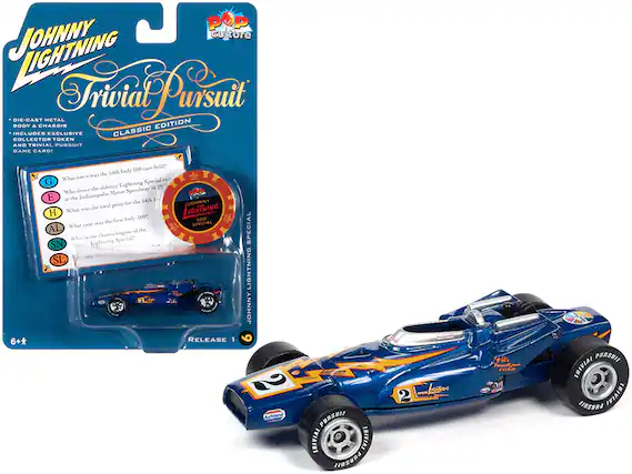 **Johnny Lightning Trivial Pursuit Classic Edition**
- Die-cast metal body
- Includes exclusive classic collector token and Trivial Pursuit game card
**Questions:**
- What was the 54th Indy 500 race held?
- Who drove the Johnny Lightning Special at the Indianapolis Motor Speedway in 1954?
- What was the total prize for the 500th Indy 500?
- What year was the first Indy 500?
- What is the chassis/engine of the Johnny Lightning Special?
**Special Edition:**
- SN
- SL
**Release 1**
**6+**