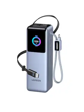 UGREEN - Nexode 200W 25,000mAh Power Bank with 2 Built-in Cables, Portable Charger for Laptops, Tablets, Cell Phones, and More - Silver
