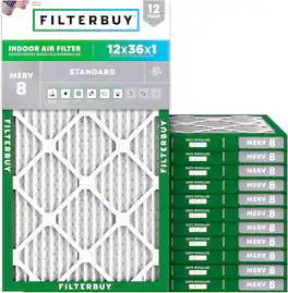 Filterbuy - 12x36x1 MERV 8 Dust & Allergy Defense, Electrostatic Pleated HVAC AC Furnace Air Filters Replacement (12-Pack) - Silver