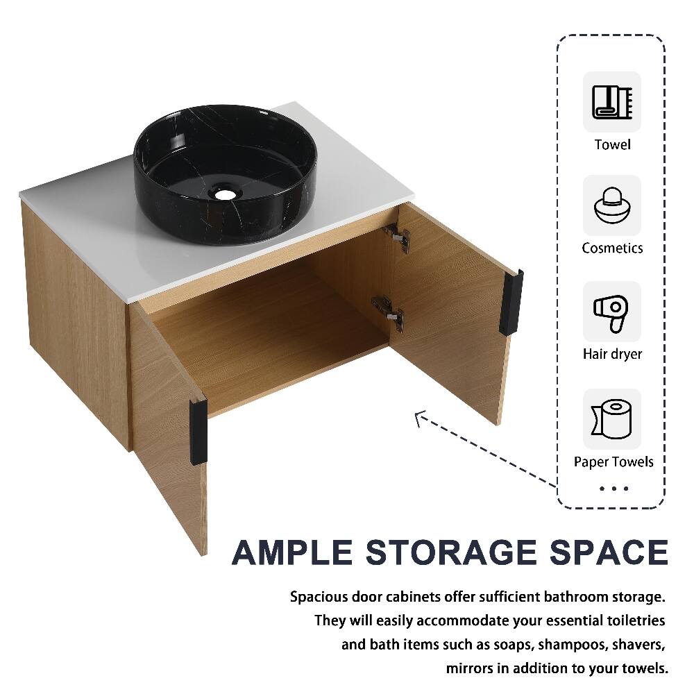 Towel  
Cosmetics  
Hair dryer  
Paper Towels  
...  
AMPLE STORAGE SPACE  
Spacious door cabinets offer sufficient bathroom storage. They will easily accommodate your essential toiletries and bath items such as soaps, shampoos, shavers, mirrors in addition to your towels.