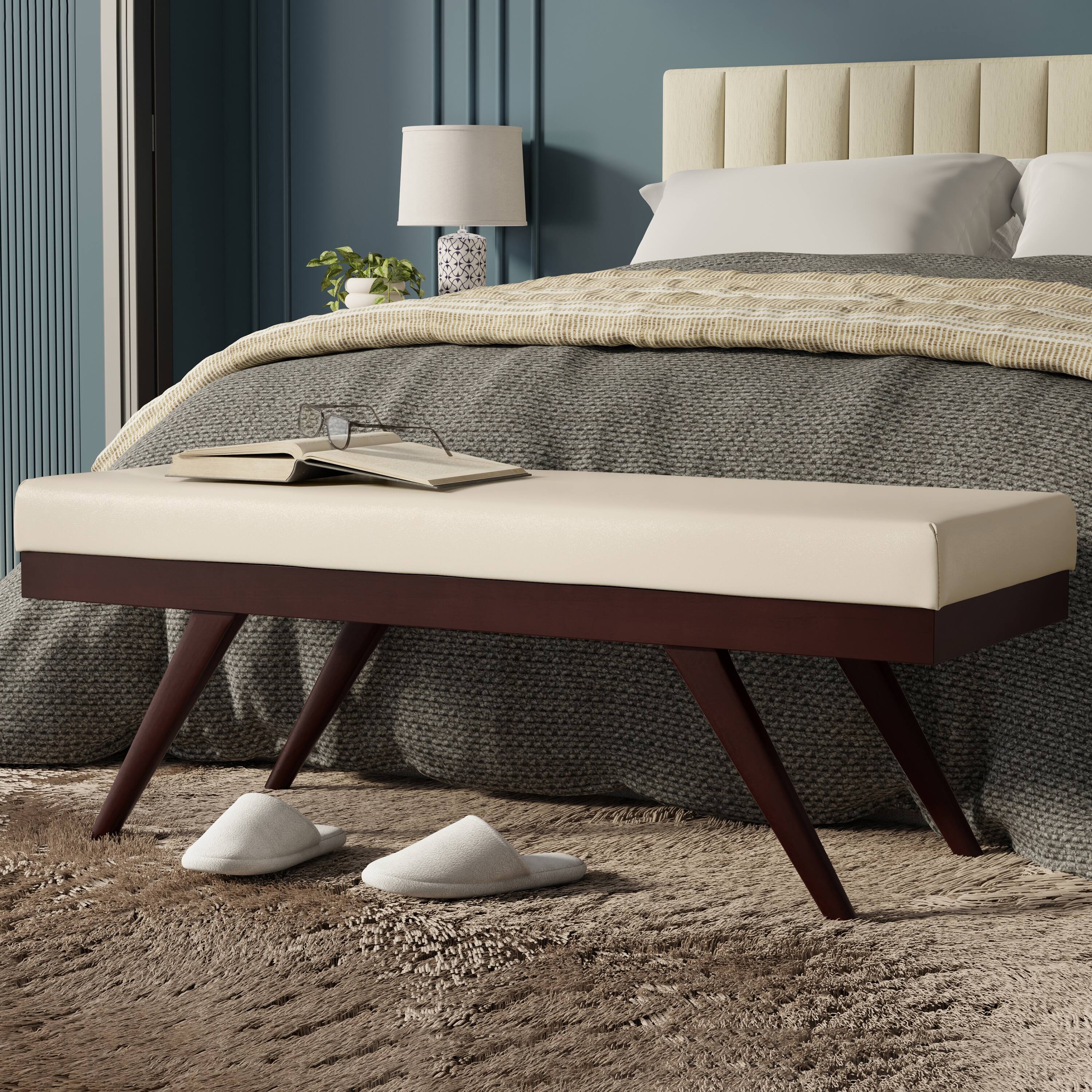 Angle. Simpli Home - Chanelle SOLID HARDWOOD Mid Century Ottoman Bench in Satin Cream - Satin Cream.