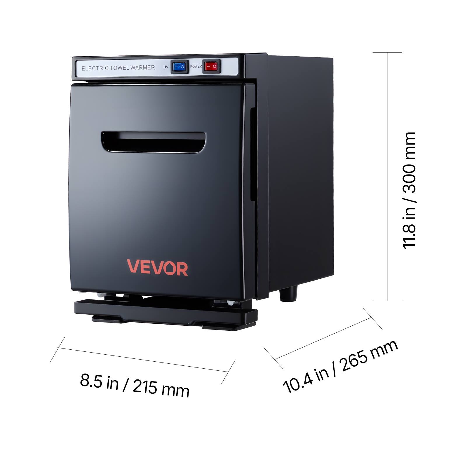 ELECTRIC TOWEL WARMER  
VEVOR  
Dimensions:  
- Height: 11.8 in / 300 mm  
- Width: 10.4 in / 265 mm  
- Depth: 8.5 in / 215 mm