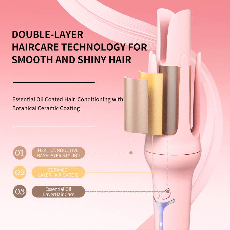 DOUBLE-LAYER HAIRCARE TECHNOLOGY FOR SMOOTH AND SHINY HAIR

Essential Oil Coated Hair Conditioning with Botanical Ceramic Coating

01 HEAT CONDUCTIVE BASELAYER STYLING

02 CERAMIC LAYER HAIR CARE Q

03 Essential Oil Layer Hair Care