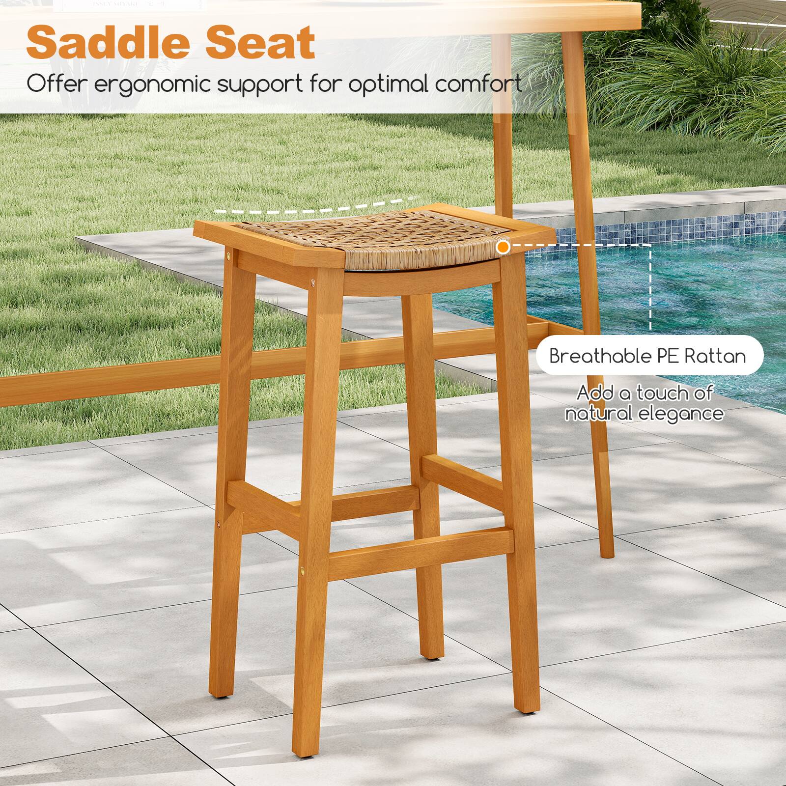 Saddle Seat  
Offer ergonomic support for optimal comfort  

Breathable PE Rattan  
Add a touch of natural elegance