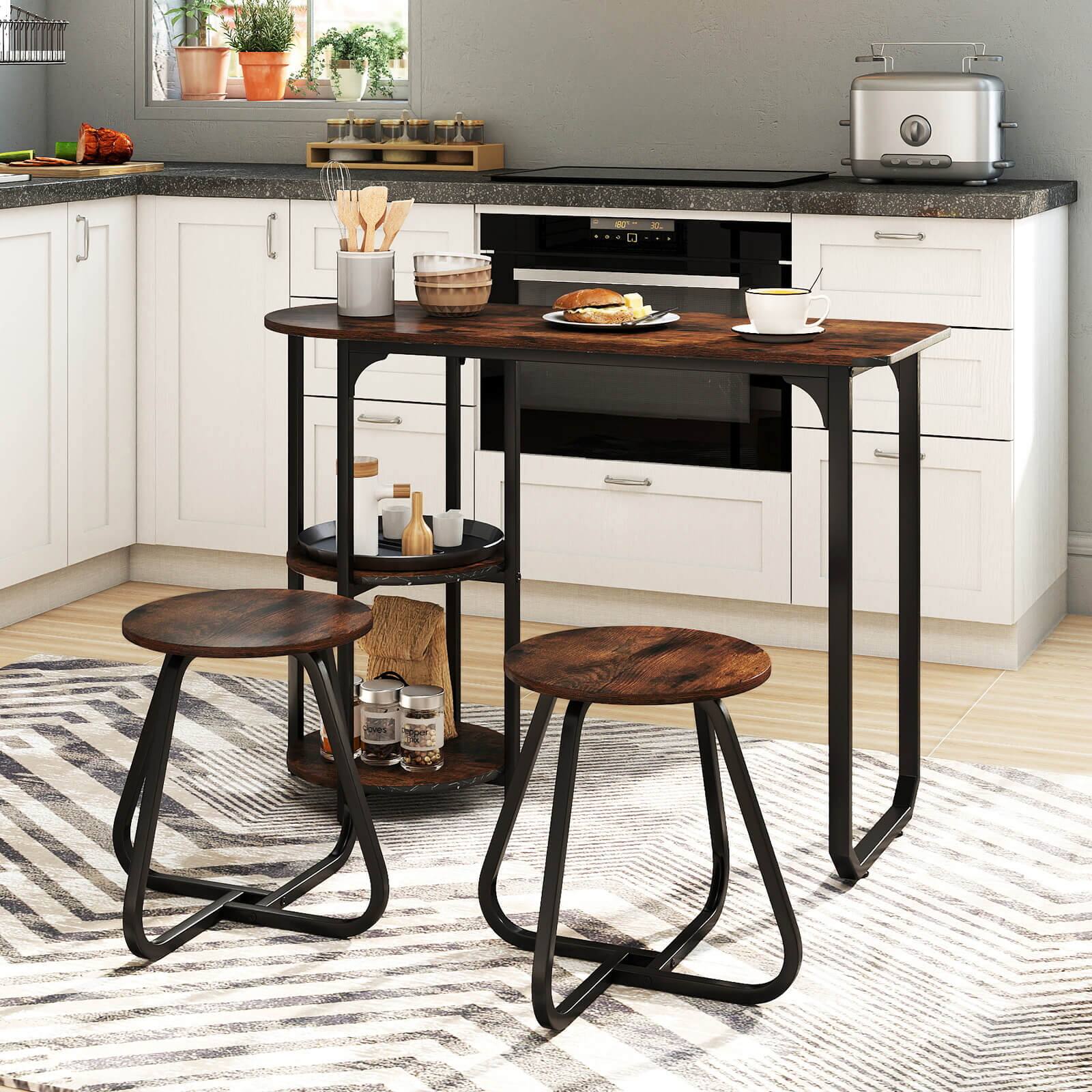 Alt View 1. Costway - Costway 3 PCS Dining Table Set, Wooden Metal Kitchen Table & 2 Stools with Storage Shelves - Rustic Brown+Black.