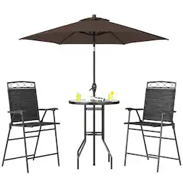 Outsunny - Piece Outdoor Bar Set with Umbrella, Patio Dining Set with 2 Folding Chairs - Black