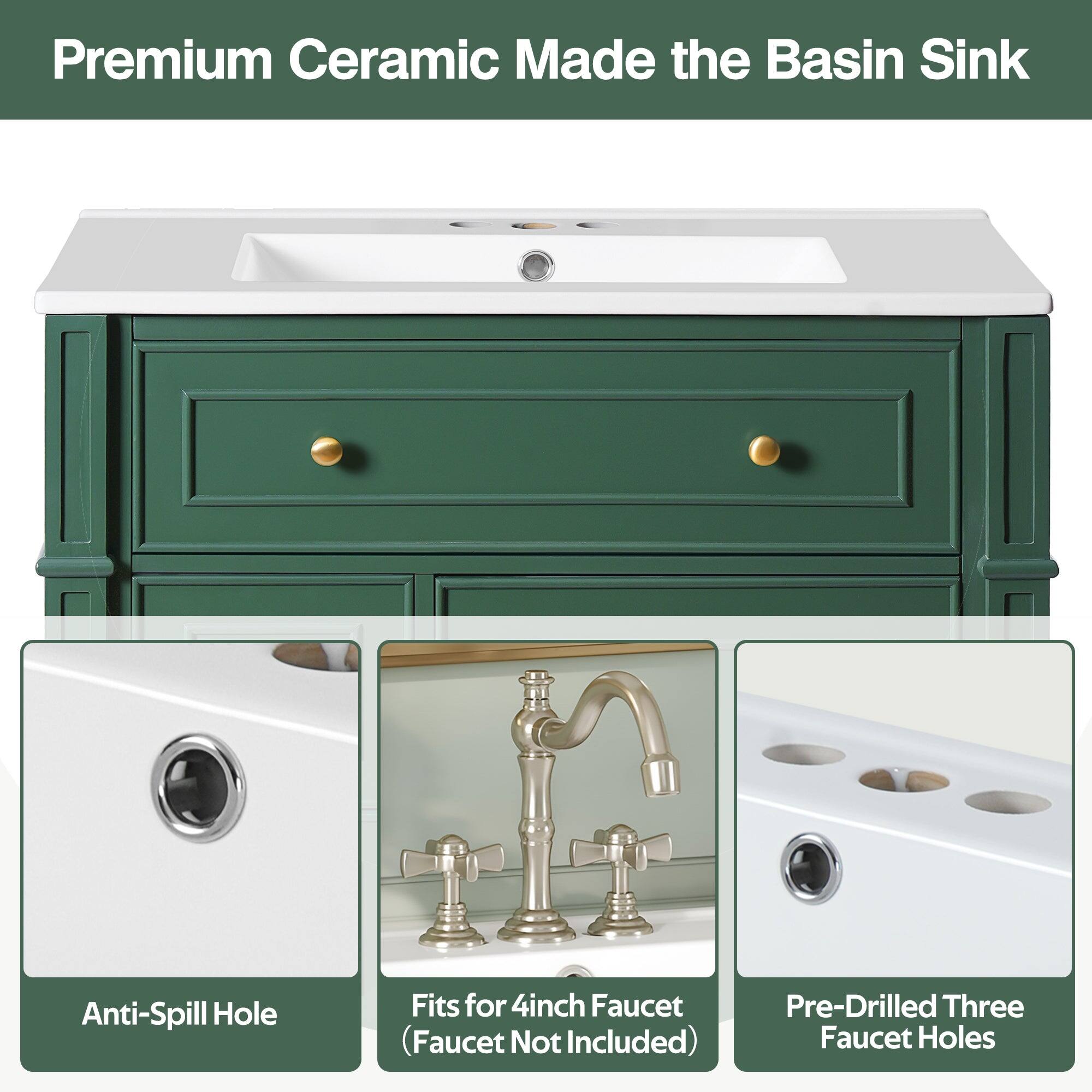 Premium Ceramic Made the Basin Sink

Anti-Spill Hole

Fits for 4inch Faucet (Faucet Not Included)

Pre-Drilled Three Faucet Holes