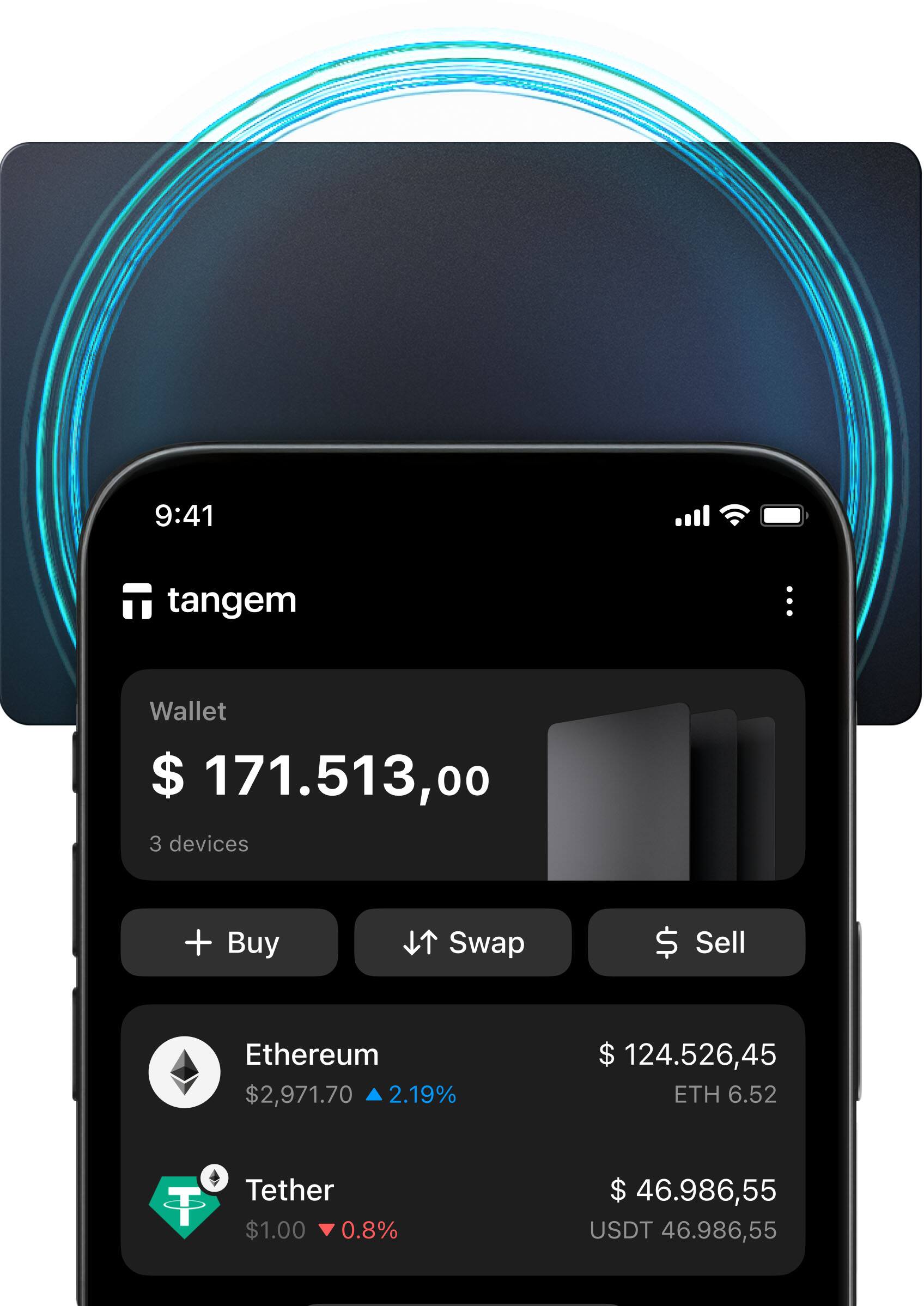 9:41  
tangem Wallet  
$171,513.00  
3 devices  

+ Buy  
Swap  
Sell  

Ethereum  
$2,971.70 ▼ 2.19%  
$124,526.45 ETH 6.52  

Tether  
$1.00 ▼ 0.8%  
$46,986.55 USDT 46,986.55